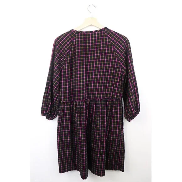 Madewell Plaid Flannel Raglan Button-Front Shirtdress Mini‎ Dress Black Pink 4 - Picture 6 of 9